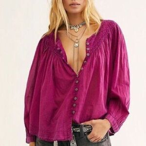 Free People Cool Meadow Top Buttondown Cotton Ruched Scoop Neck Blouse Size L